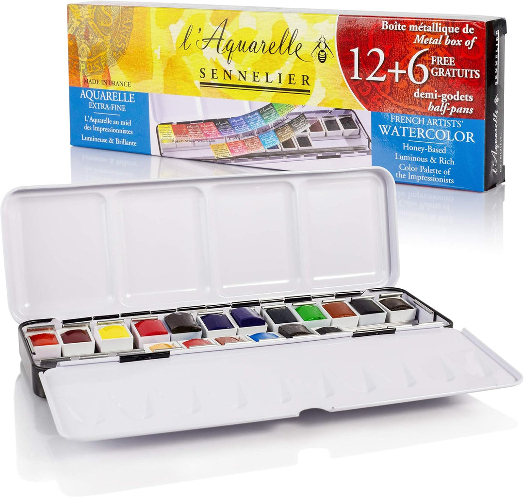 Sennelier Extra-fine Aquarellmetallkasten mit 12 1/2 Näpfchen + 6 gratis