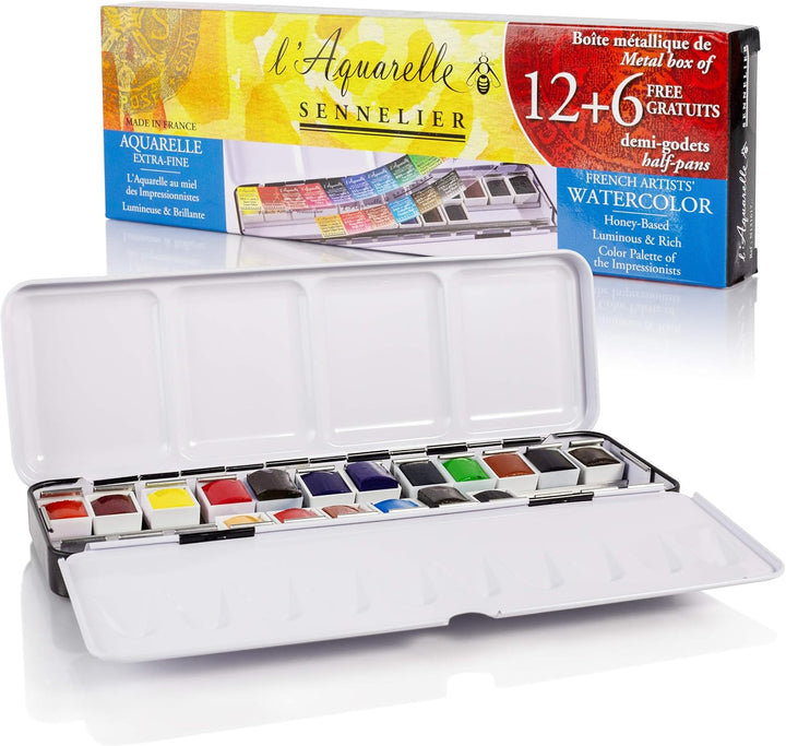 Sennelier Extra-fine Aquarellmetallkasten mit 12 1/2 Näpfchen + 6 gratis