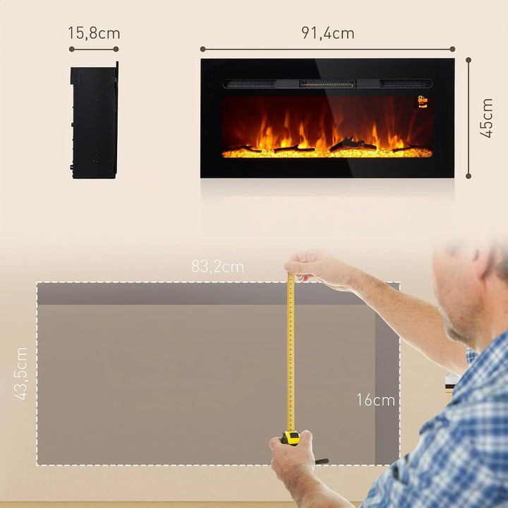 HOMCOM Elektrokamin, Wandkamin mit Heizung 1800 W, LED 3D-Flammeneffekt, Kristalle, in 3 Farben mit