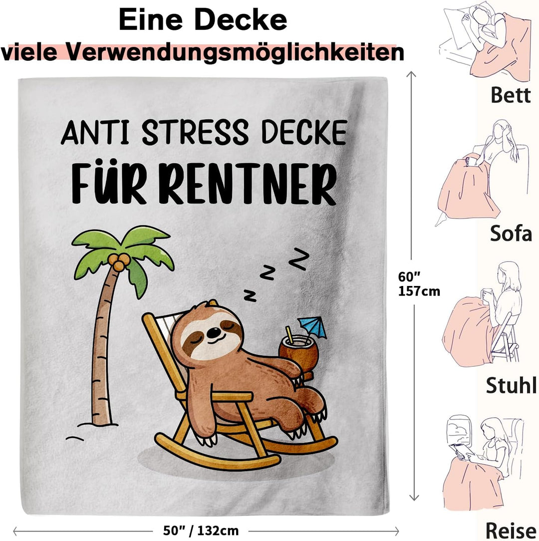 CheriGift Ruhestand Geschenk, Decke mit Faultiermuster Rentner Geschenke Mann, Renteneintritt Gesche