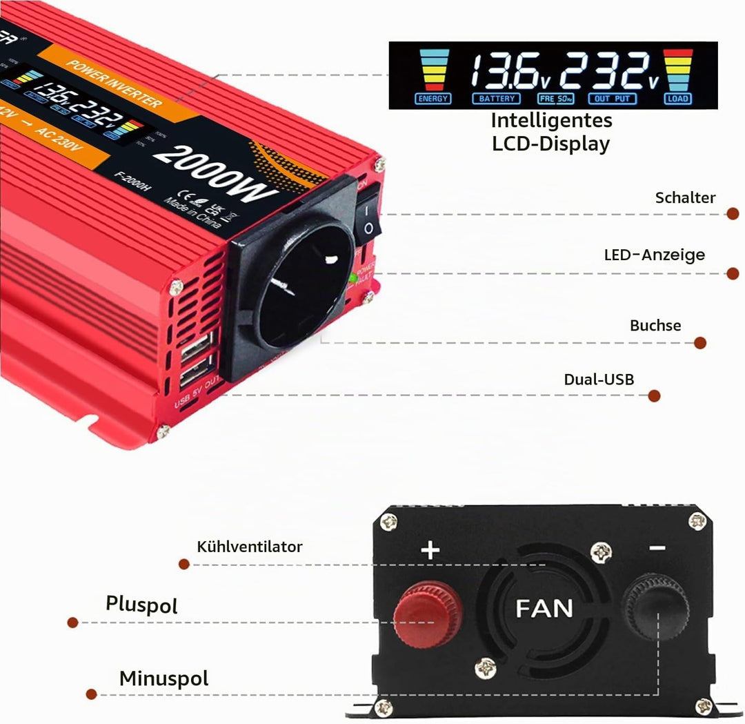 Yinleader Wechselrichter 12V 230V 1000W /2000W Spannungswandler LCD mit 1 Steckdose 2 USB Anschlüsse