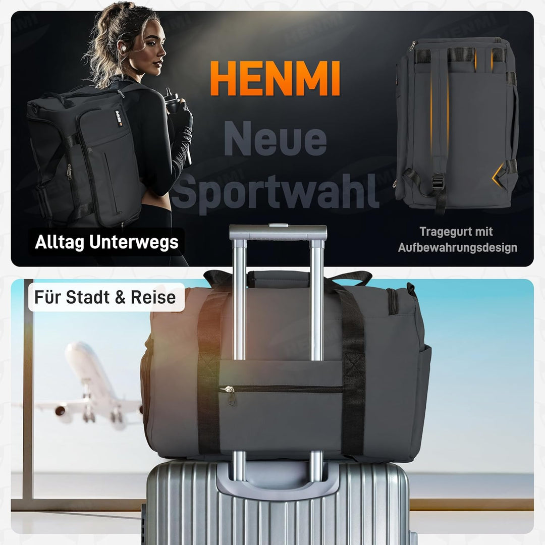 HENMI Sporttasche &amp; Reisetasche für Herren und Damen, 43L Gross gymbag mit Schuhfach und Nassfach, F