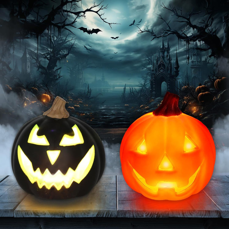 Kazaigou 2 Stück LED Kürbis Deko Kürbis Kunststoff mit 2 Stück Halloween 3D Aufkleber, Halloween Dek