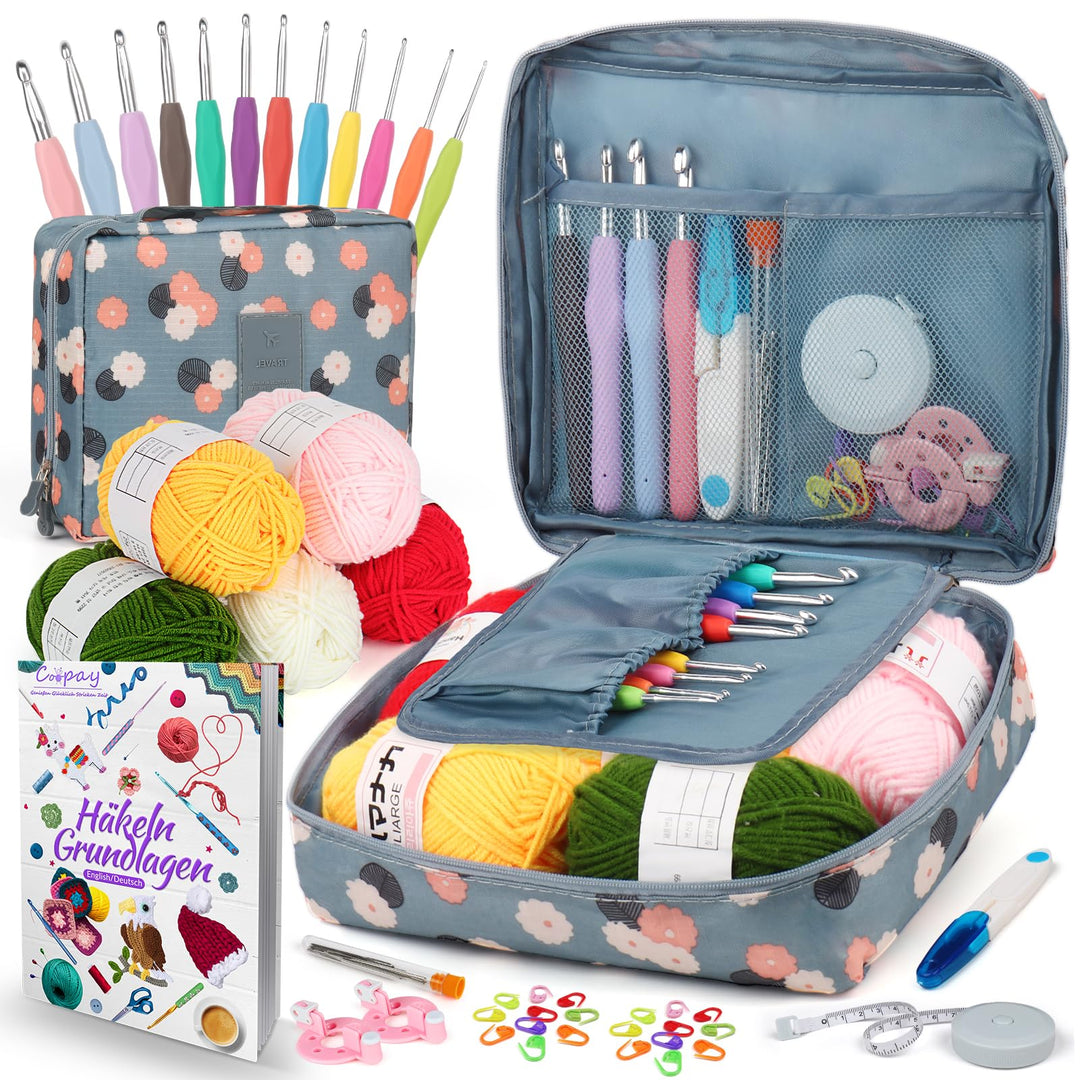 Coopay Häkelset für Anfänger, Blaue Blume Häkelnadel Set mit 2,0-8,0 mm Ergonomisch Häkelnadeln mit