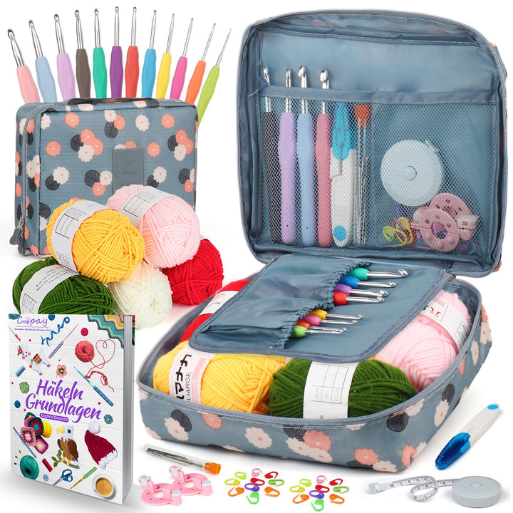 Coopay Häkelset für Anfänger, Blaue Blume Häkelnadel Set mit 2,0-8,0 mm Ergonomisch Häkelnadeln mit