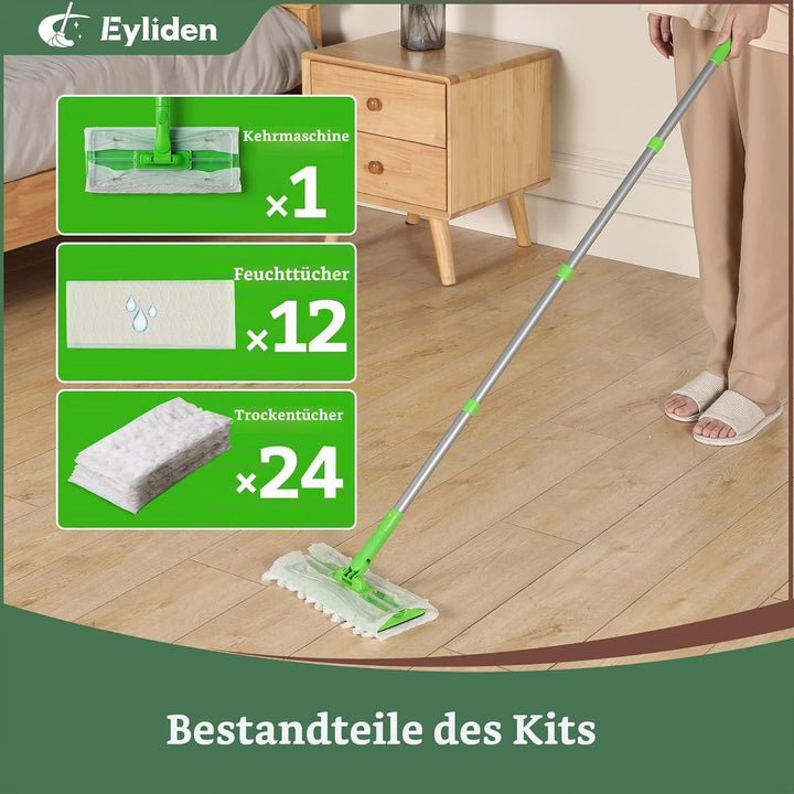 Eyliden Bodenwischer Starter-Set, 1 Stab + 24 Trockene Bodentücher + 12 Feuchte Bodentücher, 3-in-1
