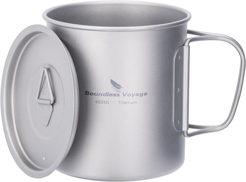 iBasingo 450ml Camping Becher Outdoor Tasse Titan Trinkbecher Mug mit Deckel & Klappgriff Ultraleich