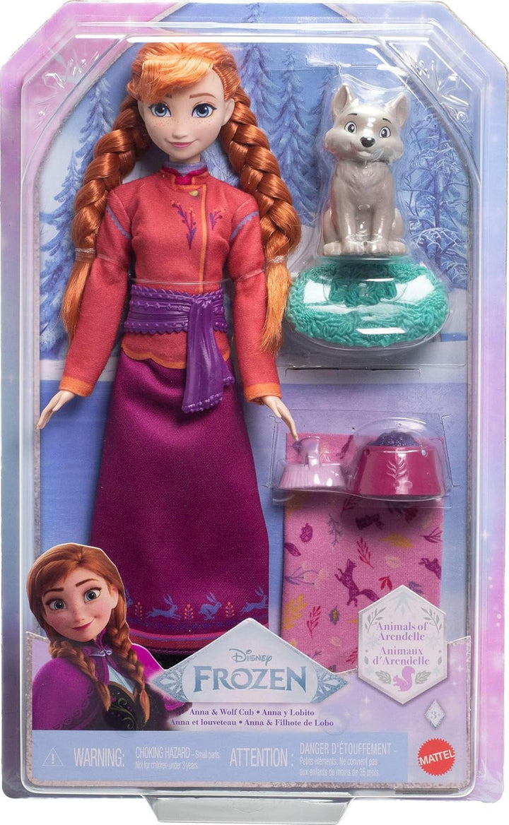 Mattel Disney Die Eiskönigin Anna-Modepuppe und Wolfsjunges-Figur mit 4 Zubehörteilen, einschliessli