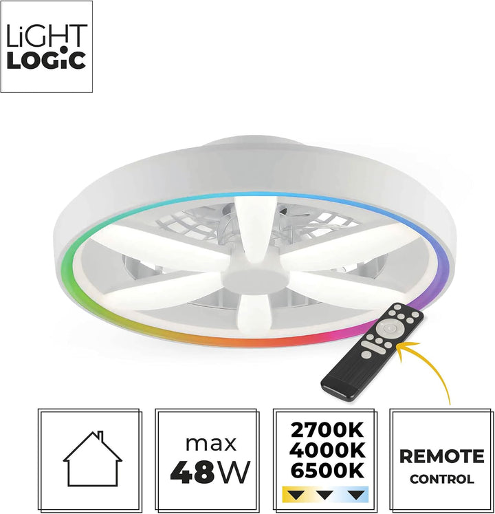Deckenventilator mit Beleuchtung 48W - Ø 48cm, dimmbare LED Deckenleuchte mit Ventilator, RGB, warm-