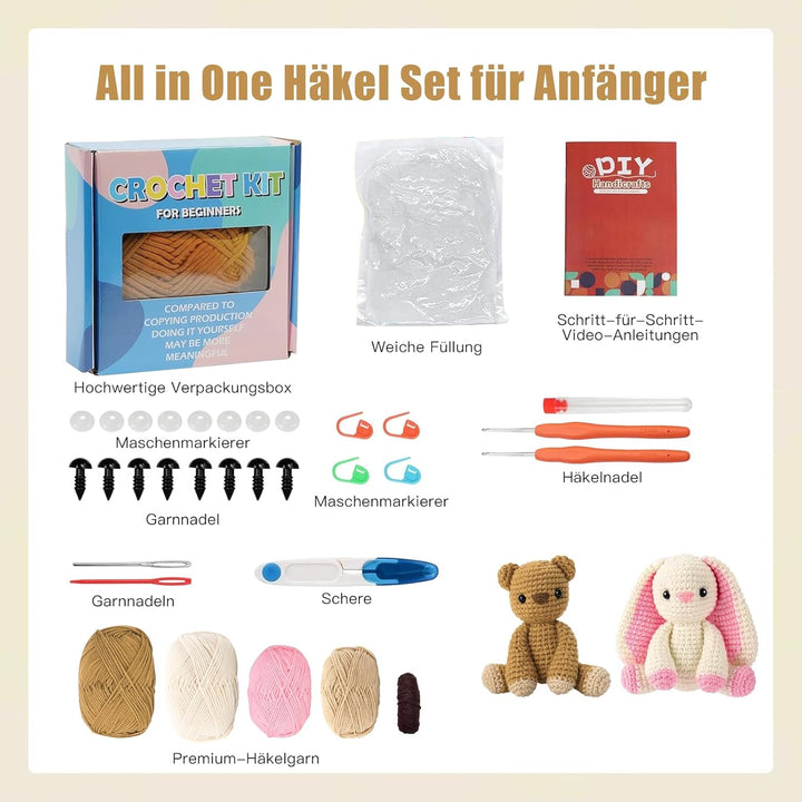 Jinfanshurich Häkelset für Anfänger, Komplettes Crochet Set mit Videoanleitung, Einfaches DIY Häkelt