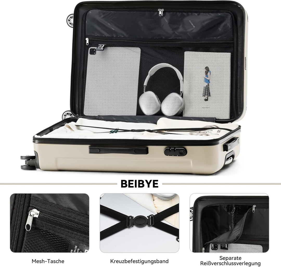 BEIBYE Hartschalen-Koffer Trolley Rollkoffer Reisekoffer Handgepäck 4 Rollen (M-L-XL-Set) (Creme Whi
