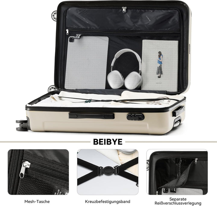 BEIBYE Hartschalen-Koffer Trolley Rollkoffer Reisekoffer Handgepäck 4 Rollen (M-L-XL-Set) (Creme Whi