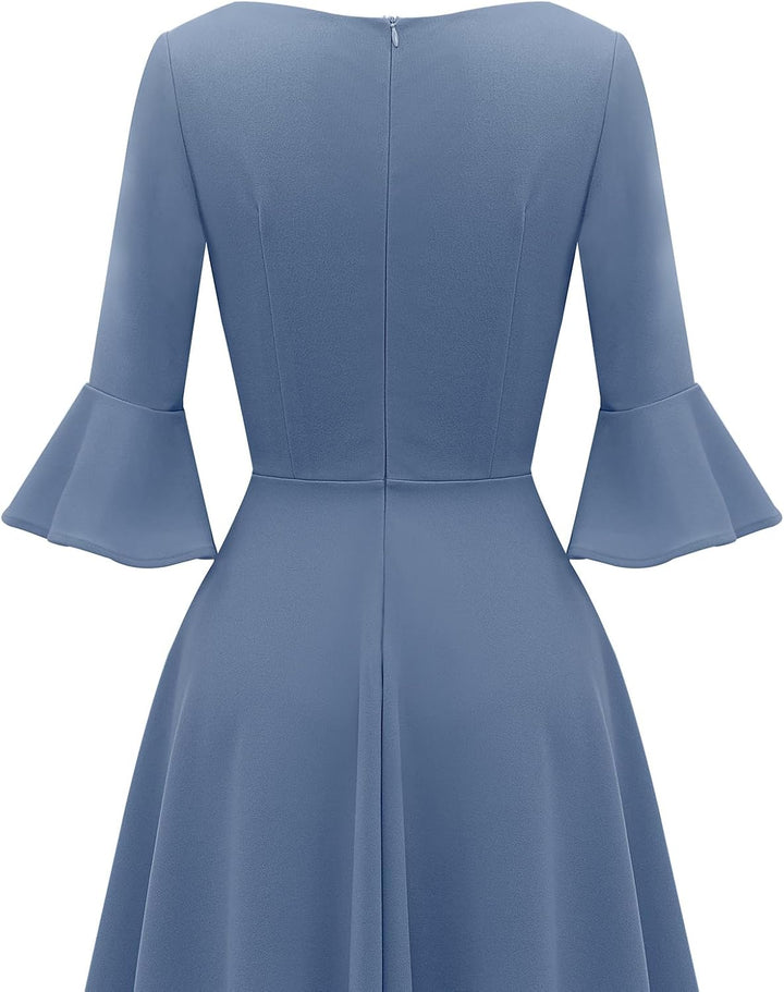 Gardenwed Festliches Kleid Damen 3/4 arm Flare Bell Sleeve Rundhals Kleider High-Low Cocktailkleider