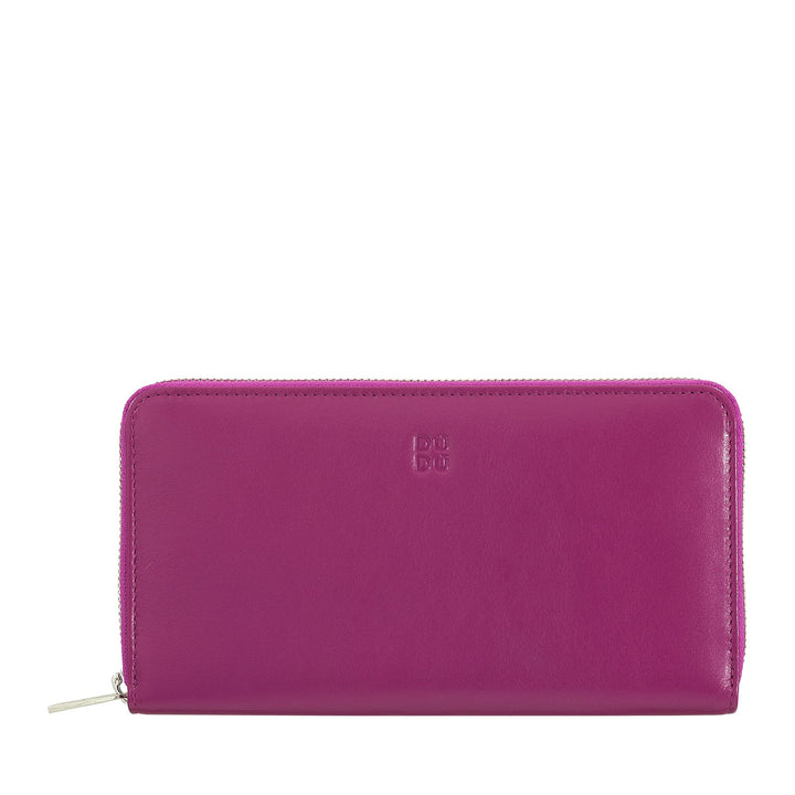 DUDU Grosse Bunte Damenbrieftasche RFID in echtem Leder mit Rundum - Reissverschluss Fuchsia, Fuchsi