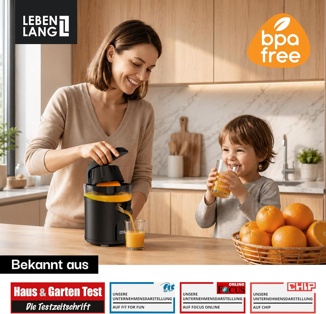 LEBENLANG Saftpresse Elektrisch 80W - Inkl. 2 Kegel &amp; BPA-Frei I Hohe Ergiebigkeit I Zitronenpresse