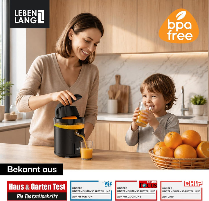 LEBENLANG Saftpresse Elektrisch 80W - Inkl. 2 Kegel &amp; BPA-Frei I Hohe Ergiebigkeit I Zitronenpresse