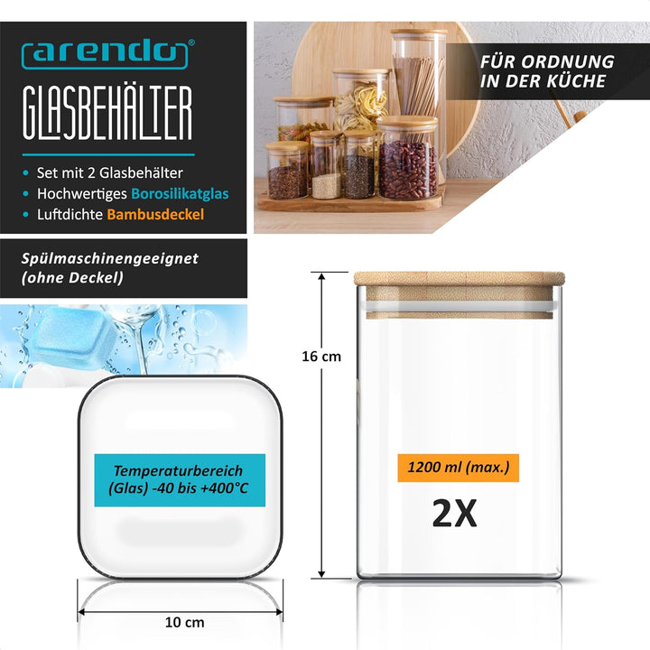 Arendo - Vorratsbehälter mit Deckel 1200ml - 2er Set - Behälter aus Glas – hitzebeständig – Vorratsd