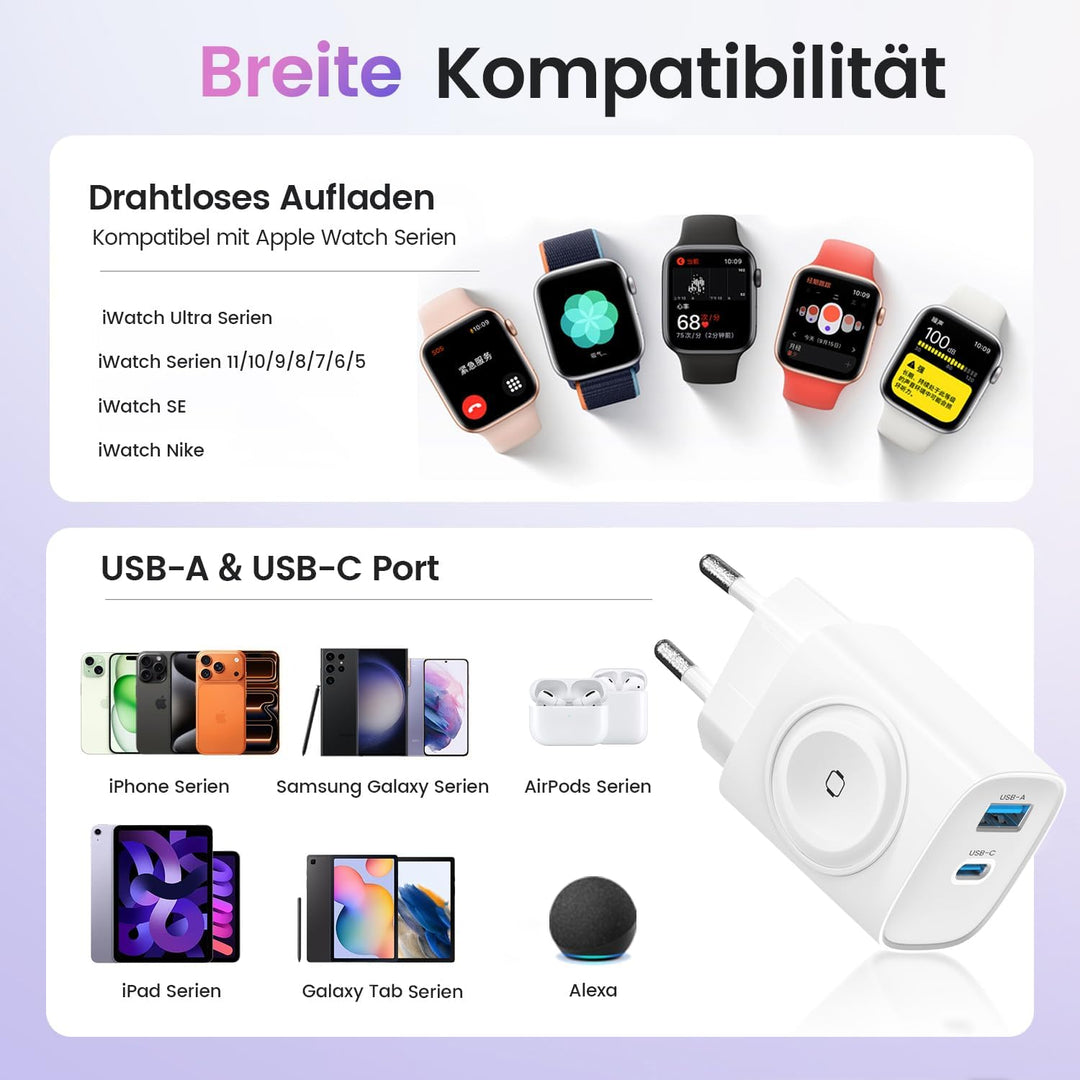 Apple Watch Ladegerät, 3-in-1 20W USB iPhone Ladegerät PD 3,0 Schnellladegerät für Apple Watch 11/10