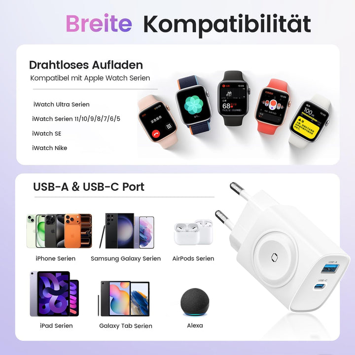 TOPADRE Apple Watch Ladegerät, 3-in-1 20W USB iPhone Ladegerät PD 3.0 Schnellladegerät für Apple Wat