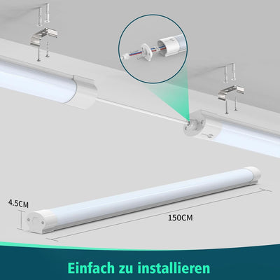 Feuchtraumleuchte LED 150CM, Werkstattlampe 45W 4500LM, Kellerlampe 5000K, Garagenleuchte IP66 Wasse