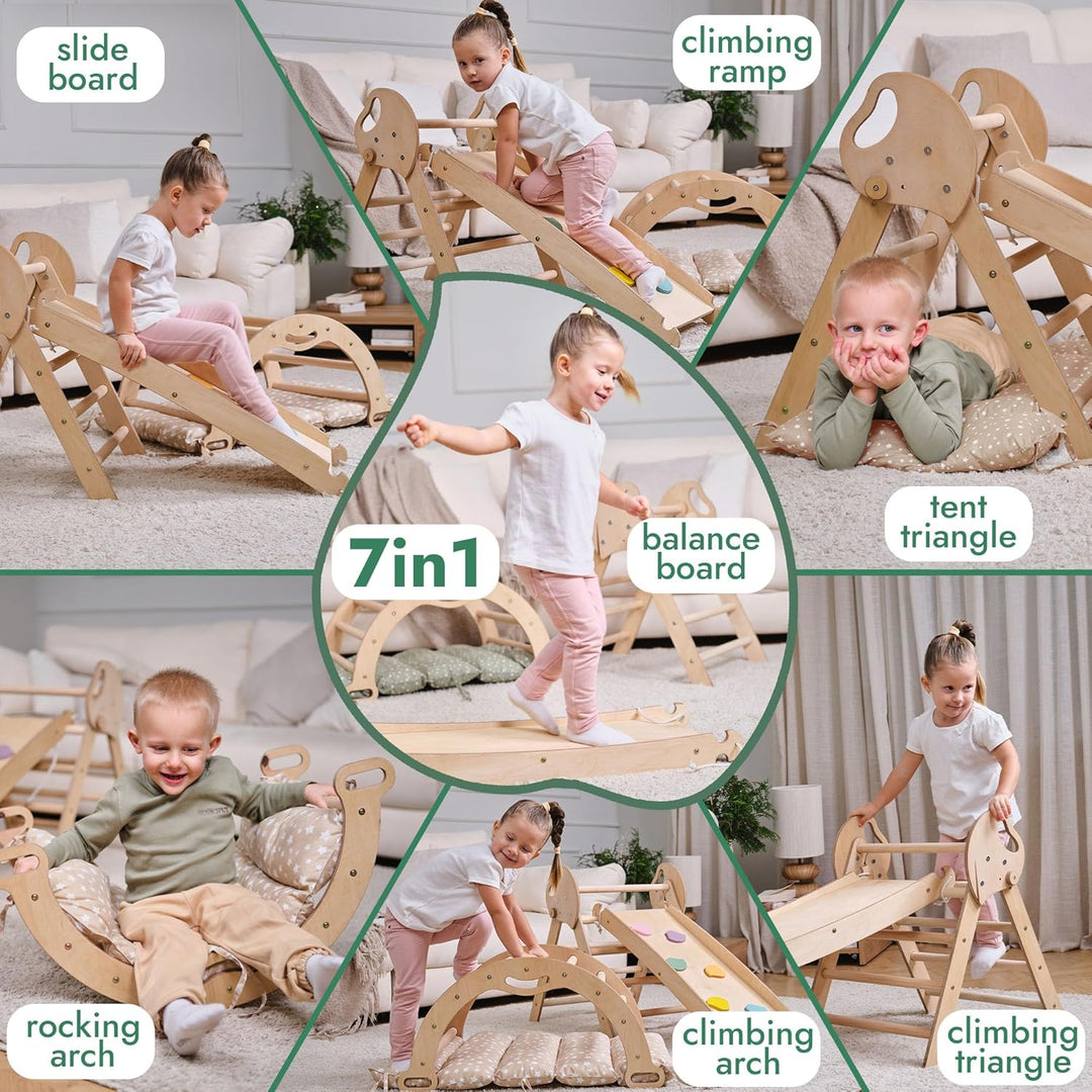 Goodevas 5-in-1 Montessori Klettergerüst Set: Indoor Kletterdreieck, Kletterbogen mit Kissen, und Ru