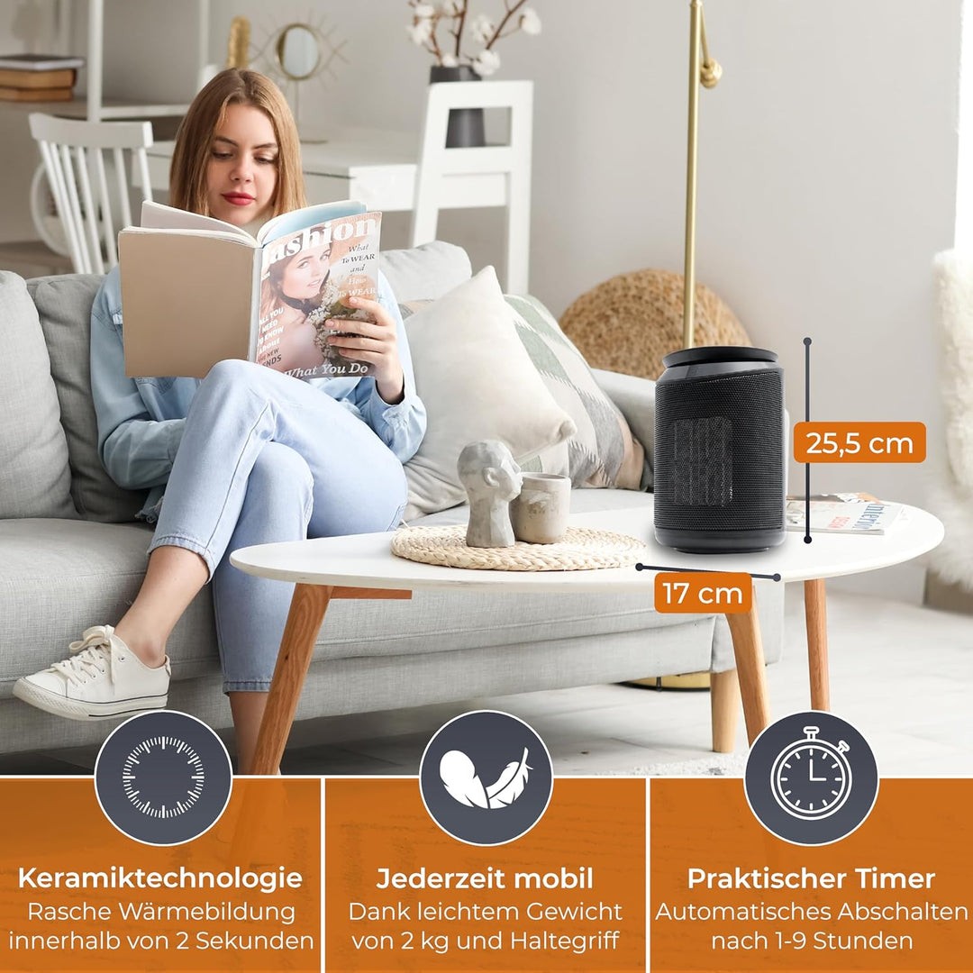 KLAMER Heizlüfter 2000 W PTC Keramik energiesparend, 3 Heizstufen inkl. Eco-Modus, 9 Std. Timer, The