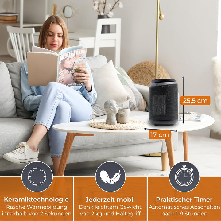 KLAMER Heizlüfter 2000 W PTC Keramik energiesparend, 3 Heizstufen inkl. Eco-Modus, 9 Std. Timer, The