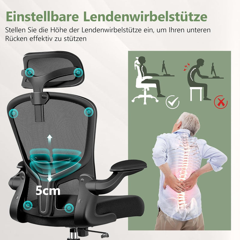 FelixKing Ergonomischer Bürostuhl, Computerstuhl, verstellbare Lendenwirbelstütze, 3D-Kopfstütze und