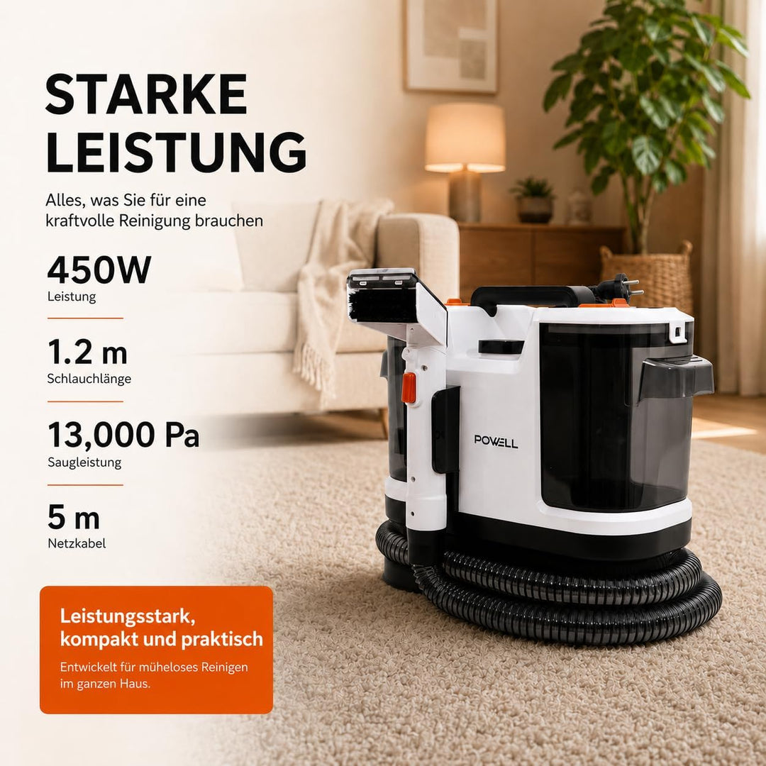 Powell Waschsauger Teppichreiniger 450W - 13kPA Saugkraft, tragbarer Teppichreiniger, Sofa, Vorleger