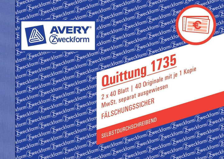 10er Sparpack Avery Zweckform 1735 Quittung MwSt. separat ausgewiesen, DIN A6 quer, fälschungssicher