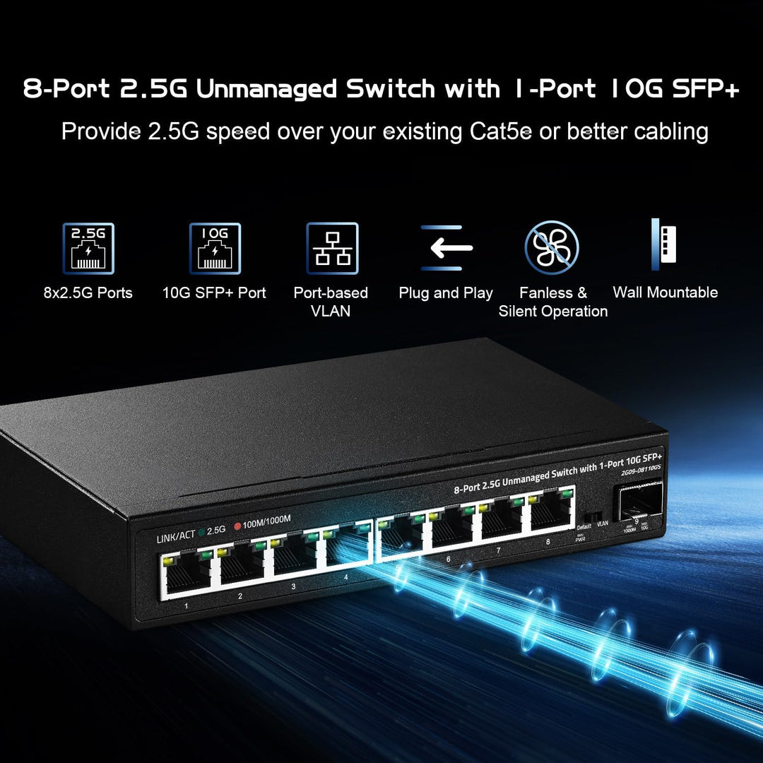 Binardat 8 Port 2.5G Switch mit 10G SFP+ Port, 8 x 2.5 Gigabit RJ-45 Base-T Ports, Unmanaged Multi-G