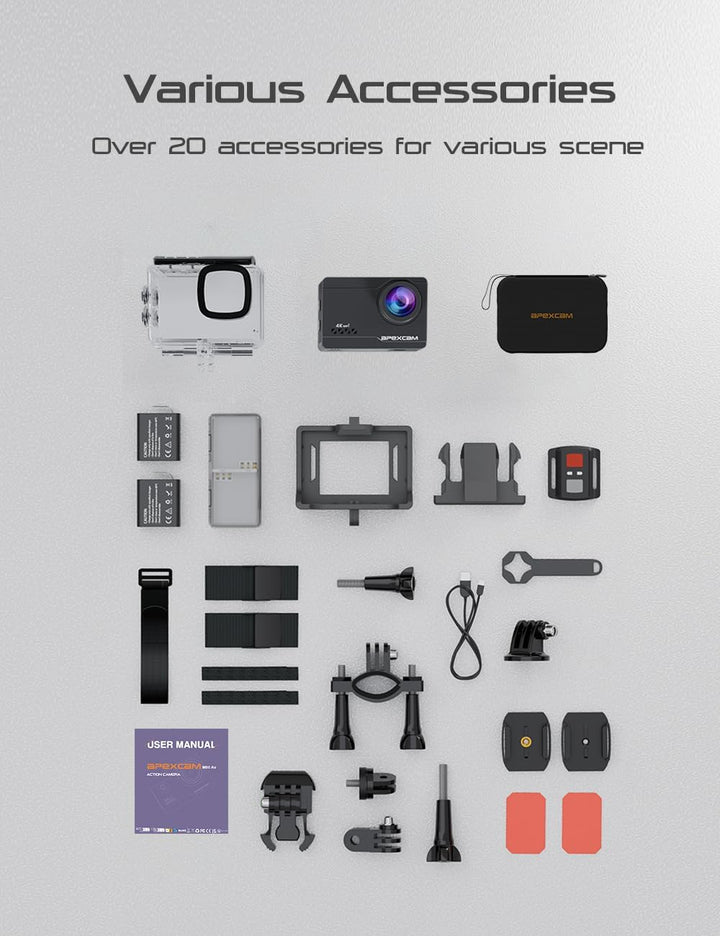 Apexcam 4K Action Cam 20MP mit 64GB Speicherkarte WiFi Sports Kamera Ultra HD Unterwasserkamera 40m