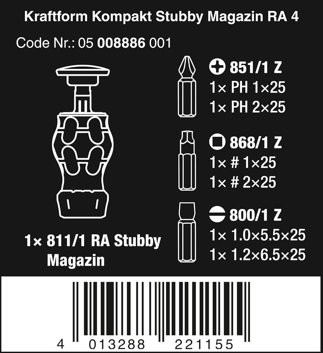 Wera 05008886001 Kraftform Kompakt Stubby Magazin RA 4, Stubby Ratschenschraubendreher mit Bit Magaz