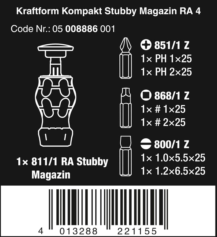 Wera 05008886001 Kraftform Kompakt Stubby Magazin RA 4, Stubby Ratschenschraubendreher mit Bit Magaz