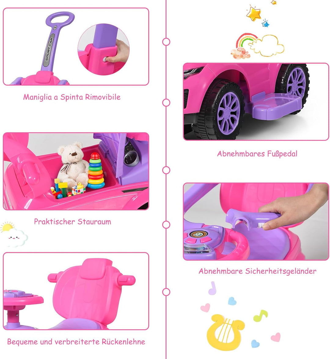 COSTWAY 3 in 1 Rutschauto Schiebeauto, Rutschfahrzeug mit abnehmbarem Schiebgriff, Schutzbügel & ver