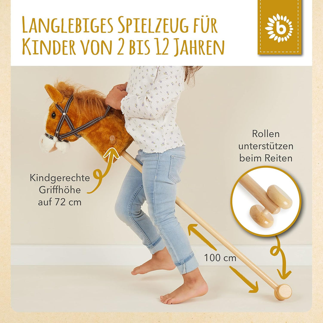 Bieco Steckenpferd Kinder Brownie | ca. 100 cm | Top Qualität | Holzpferd Draussen & Drinnen | Plüsc