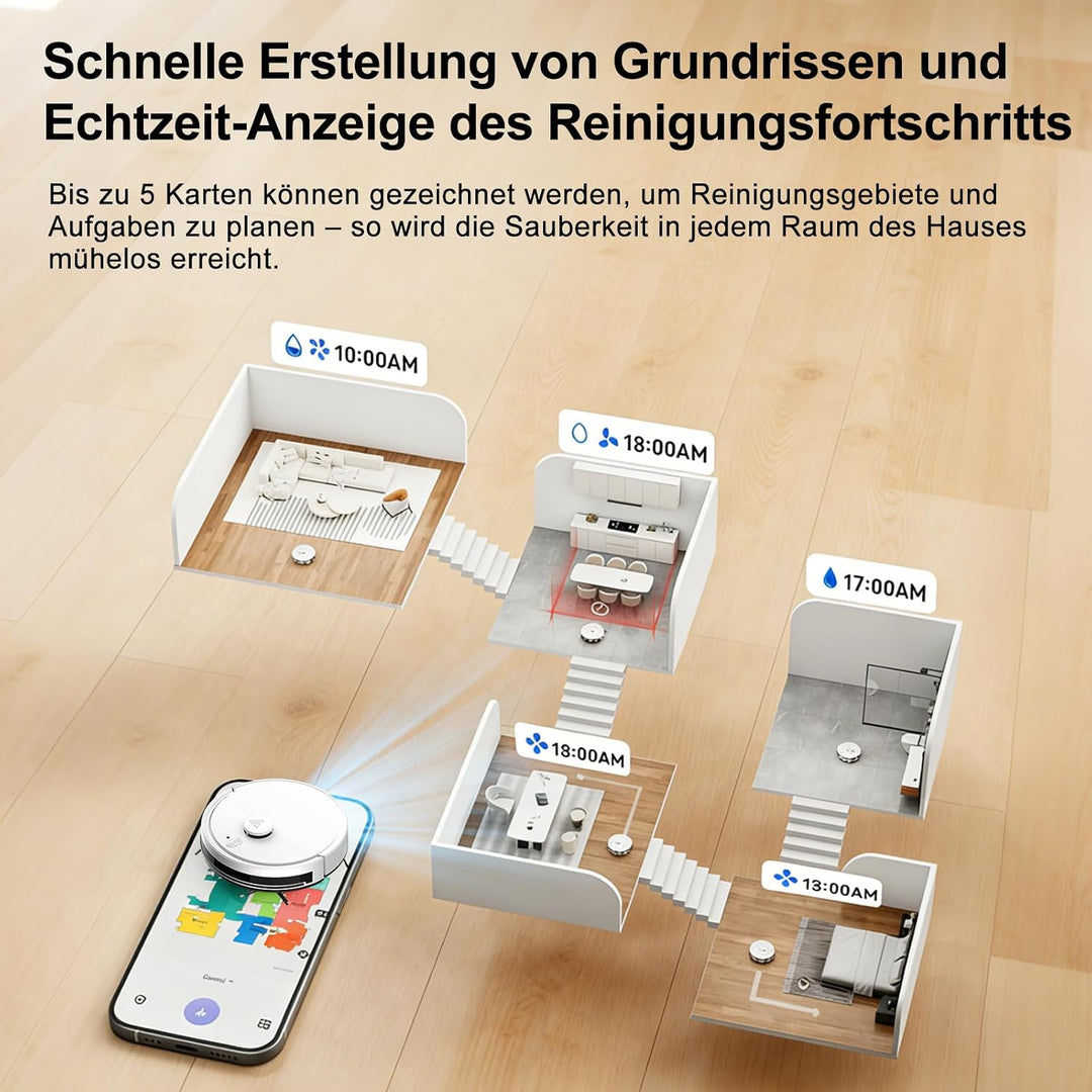 2 in 1 Saugroboter mit Wischfunktion 5 Karten Laser Navigation No-Go-Zonen White, White