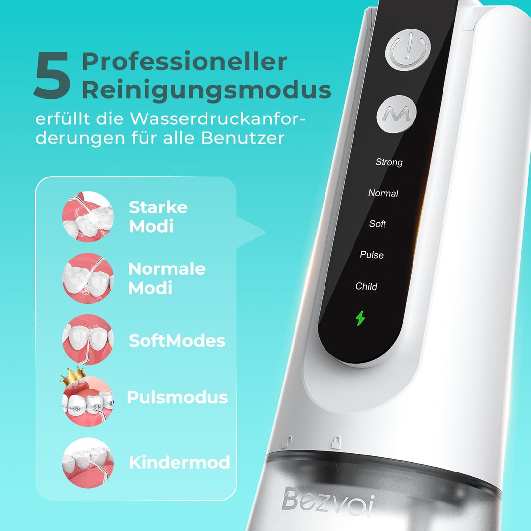 Munddusche Kabellos Water Flosser Zahnreinigung : LED-Anzeige 5 Modi Zahndusche &amp; 6 Düsen, IPX7 Wass
