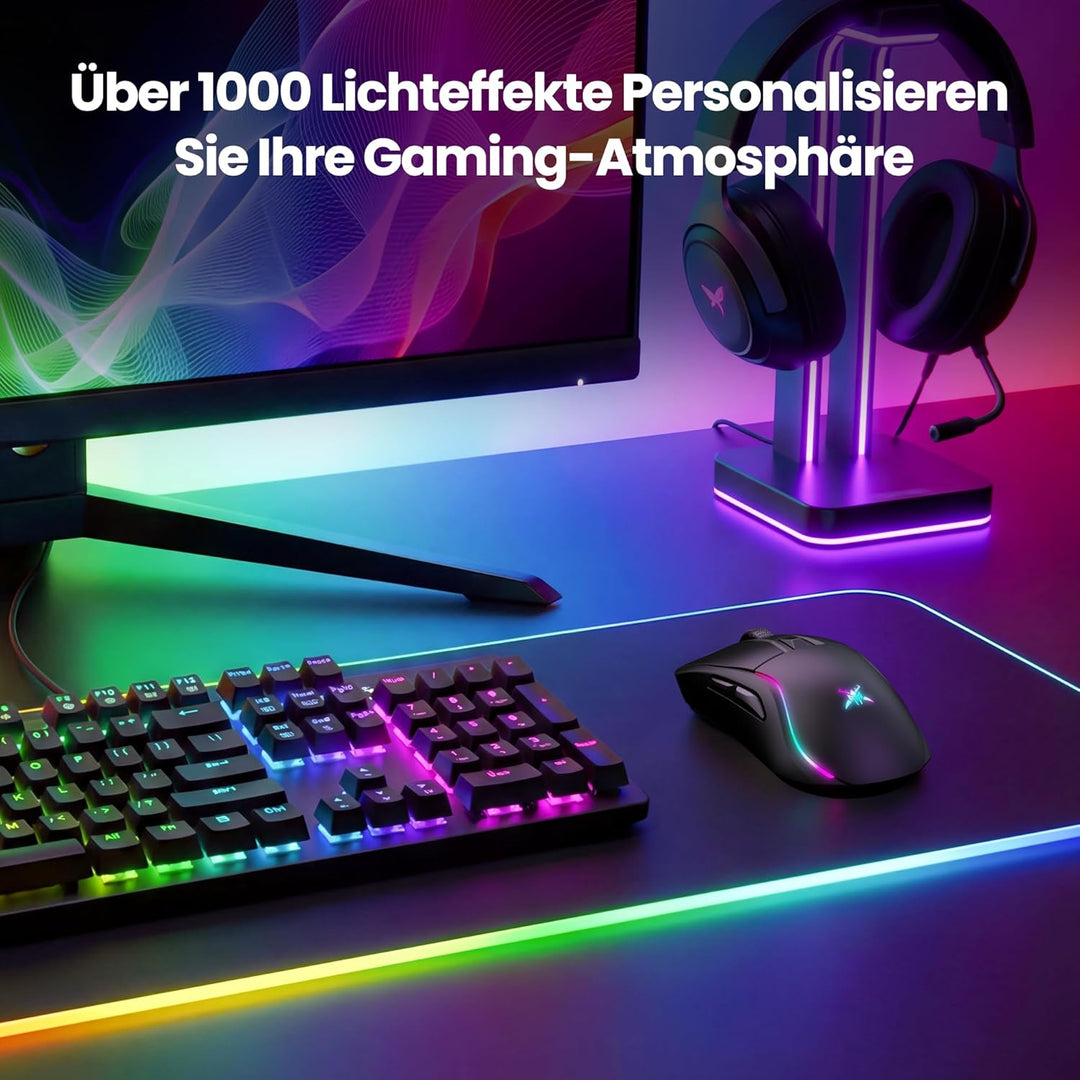 TECKNET Gaming Maus Kabellos, 24000 DPI mit DREI Verbindungsmodi und 6 RGB-Leuchten, Wiederaufladbar