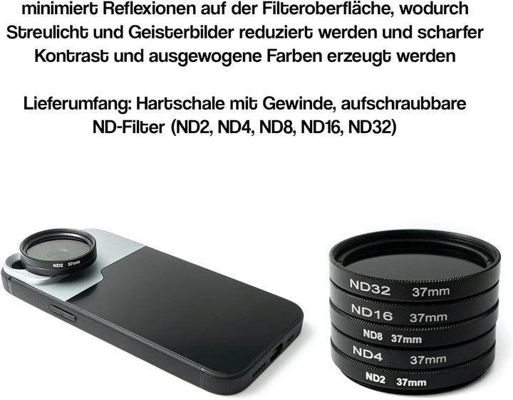 SYSTEM-S ND Filter Set 37 mm Neutraldichte mit Hülle und Tasche für iPhone 13