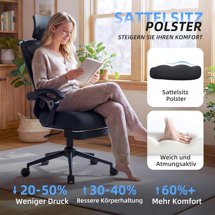 CYKOV Ergonomischer Bürostuhl mit Fussstütze, Büro Stuhl & Gaming Stuhl 150 kg+, 90-160° Verstellbar