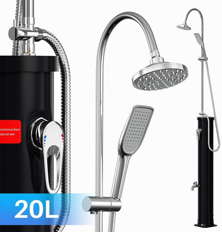 Solardusche 20 L mit Wasserhahn-Arm in halber Höhe – Platzsparende Aussendusche inkl. UV-Schutzhaube