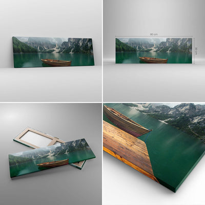 Panorama Bilder auf Leinwand Berge See Boot Leinwandbild mit Rahmen 90x30cm Wandbilder Dekoration Wo