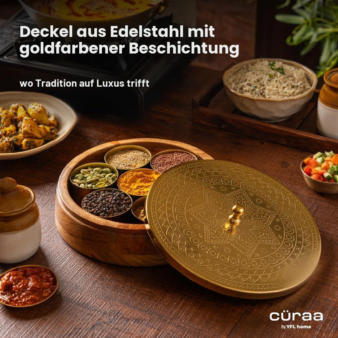 CÜRAA by YFL home Gewürzbox für Küche mit Löffel (Akazienholz, 7 abnehmbare Behälter, 120 ml) | Masa