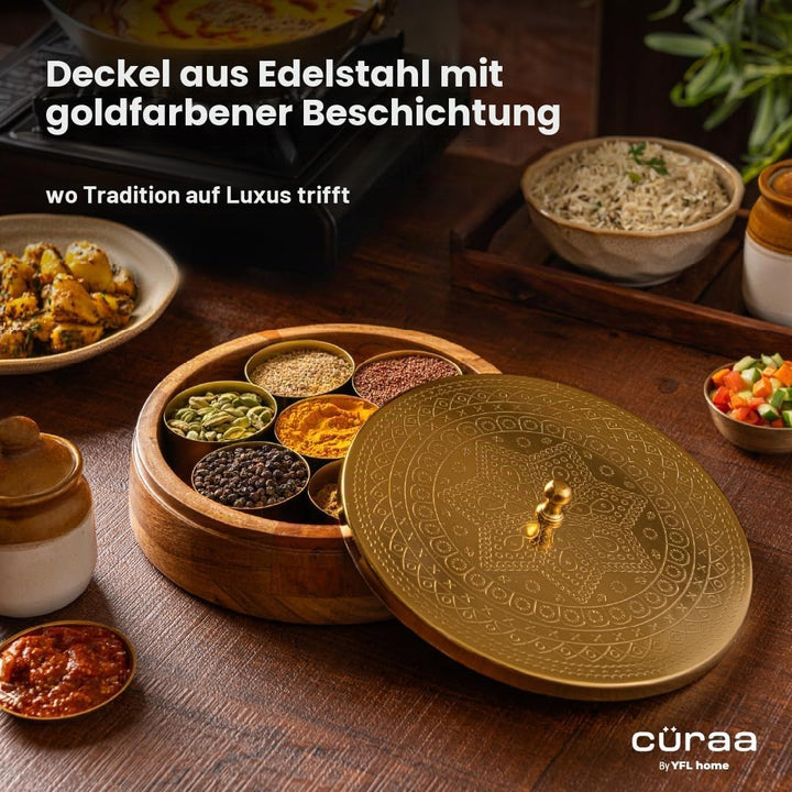 CÜRAA by YFL home Gewürzbox für Küche mit Löffel (Akazienholz, 7 abnehmbare Behälter, 120 ml) | Masa