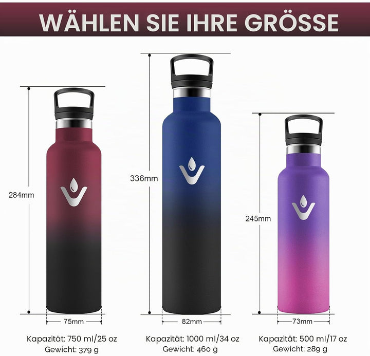 HoneyHolly Trinkflasche Edelstahl, 750 ML BPA-Frei, Thermosflasche, Auslaufsichere Isolierflasche Do