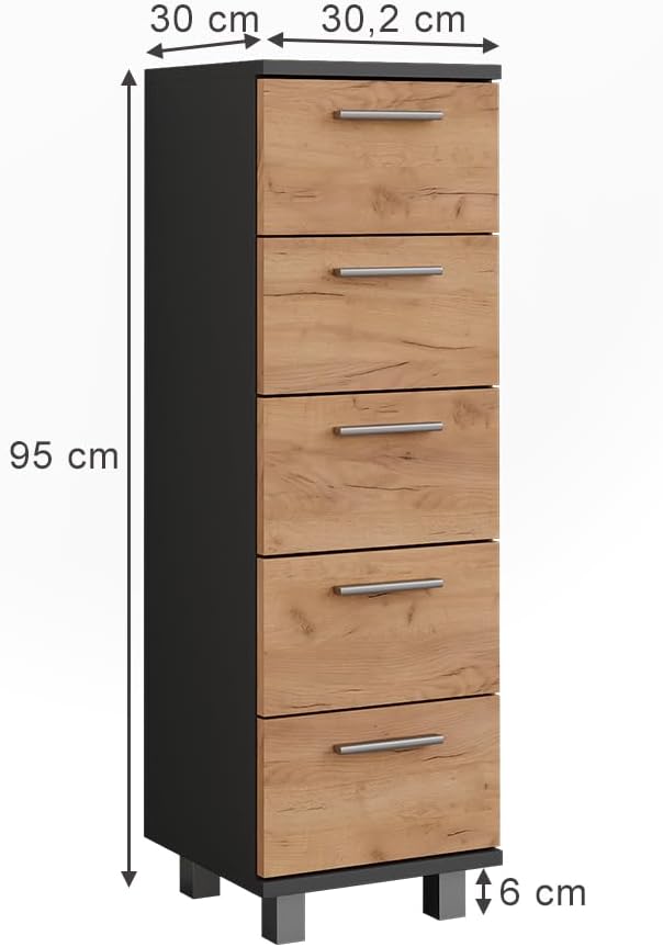 Vicco Midischrank Ilias, Anthrazit/Goldkraft Eiche, 30.2 x 95 cm | zur Wandmontage geeignet und komb