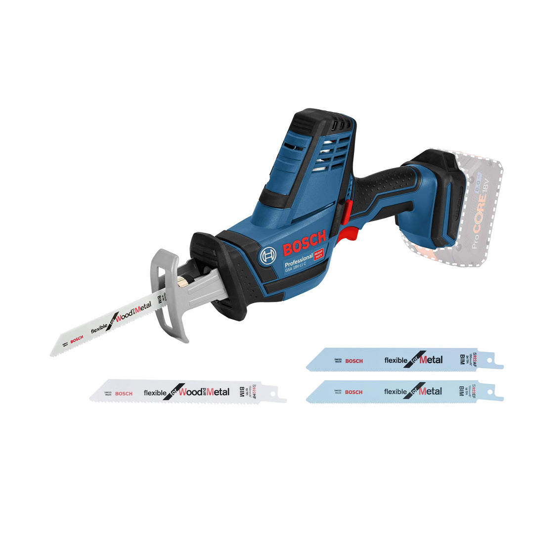 Bosch Professional 18V System Akku Säbelsäge GSA 18 V-LI C (Compact Version, 4x Säbelsägeblatt, Ohne