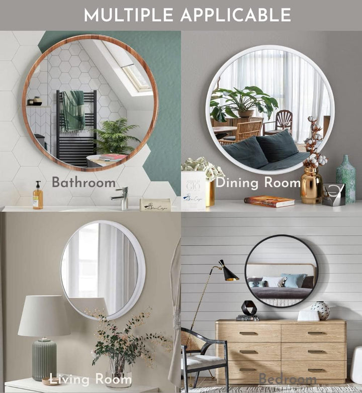 Gozos Moderner Industrial Spiegel Obejo, Schwarz - Runder Wandspiegel mit hölzerner Unterseite und i