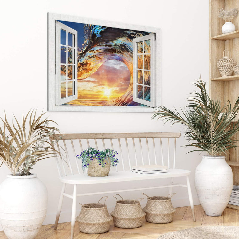 PICANOVA – Bild auf Leinwand Wellen-Sonnenuntergang Fenster 100x75cm – Leinwandbild – Premium Leinwa